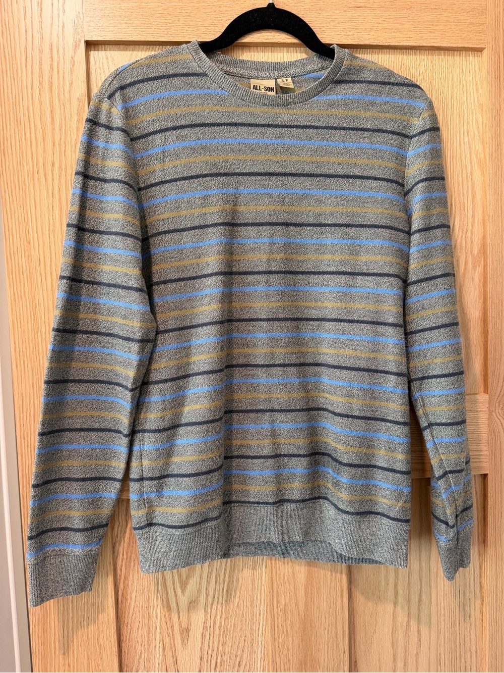 Men's Gray, Blue and Tan Striped Crew Sweater